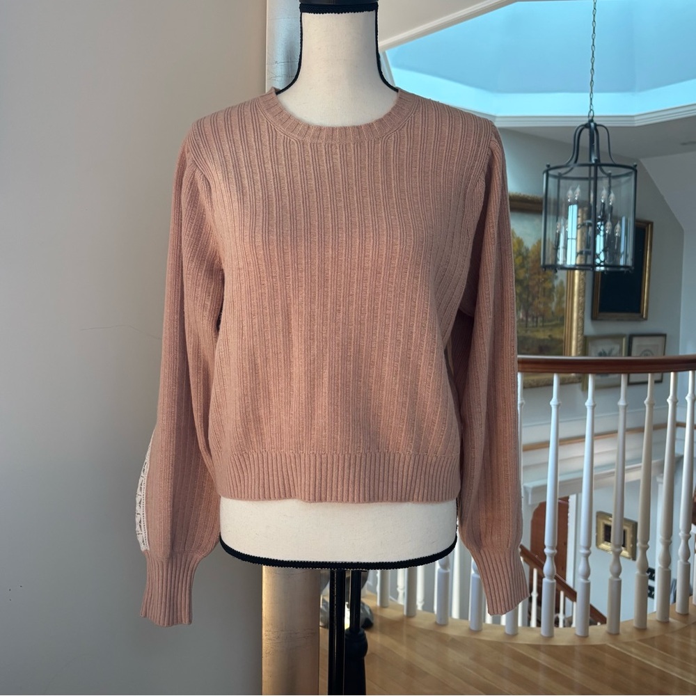 See by Chloe Wool Blend Knit Lace Sleeve Crewneck Sweater Cameo Rose Size M $325 - Picture 4 of 14